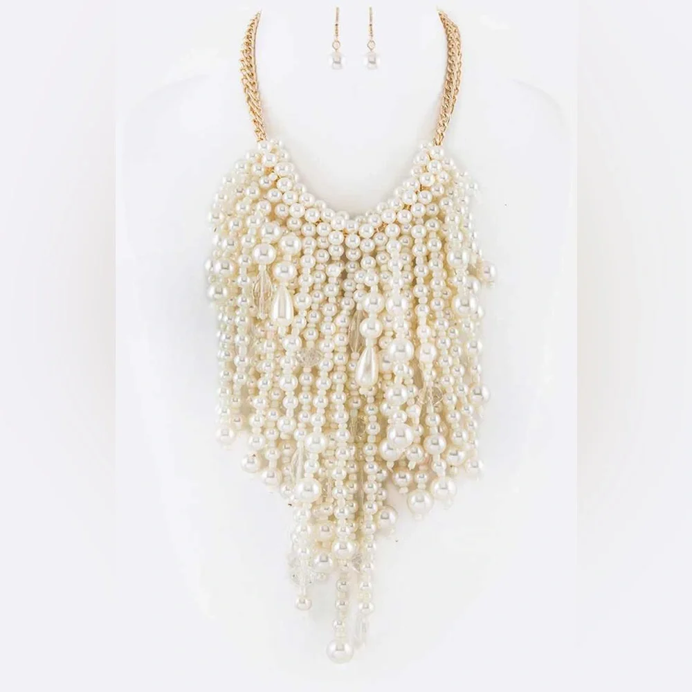 Diamond & Pearl Fringe Bib Statement Necklace